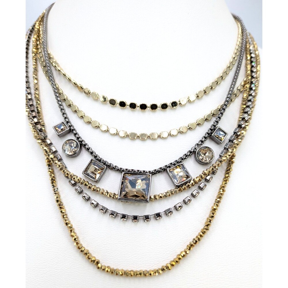 White House Black Market 6 multi strand Necklace Gold Gunmetal Rhinestone 21 in
